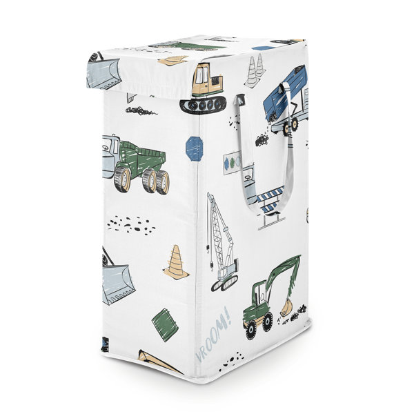 Sweet Jojo Designs Construction Truck Storage Bins – Set Of 2, Fabric Foldable Cube Organizer For Toys